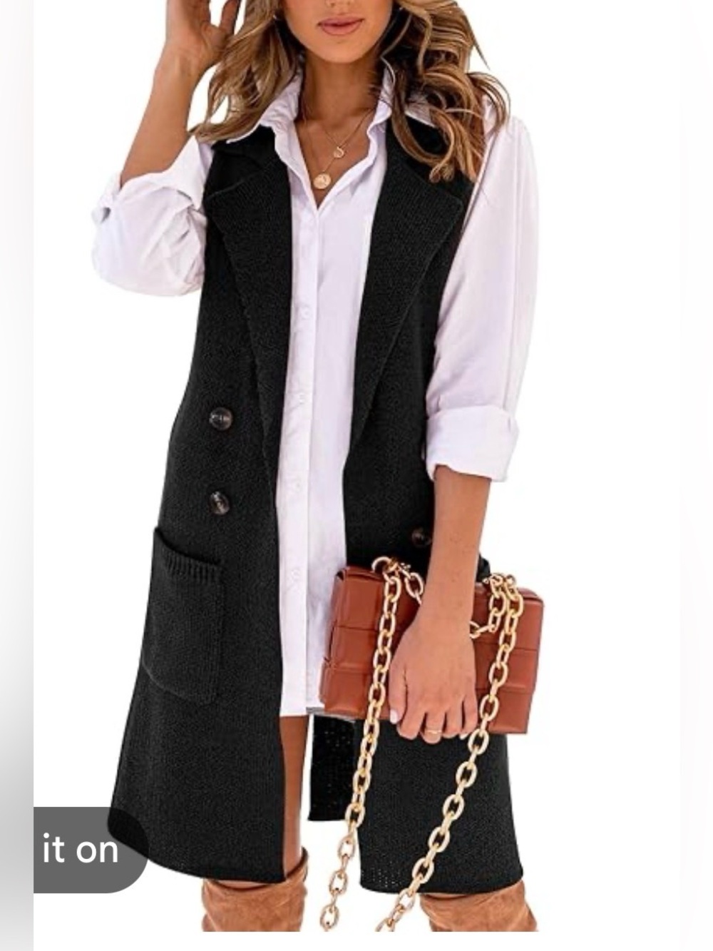 Love Tree size, more 
Black Sleeveless Double-Breasted Knit Long Vest